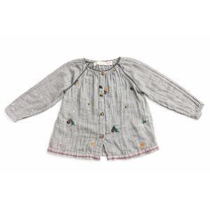 ZARA BABY GIRL EMBROIDERED FLORAL GAUZE GREY BUTTON COTTON BLOUSE SHIRT 12-18M